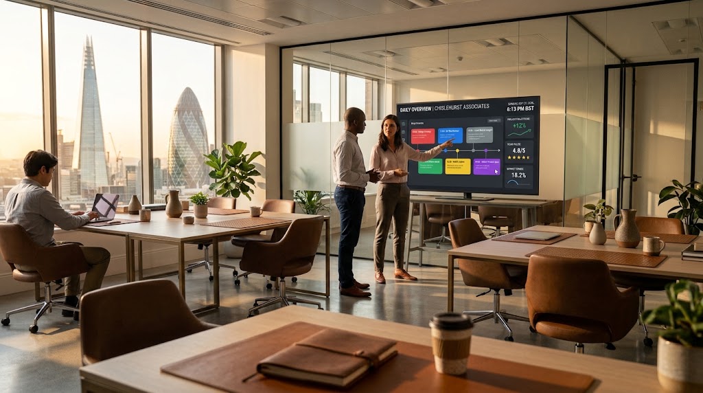 Office lobby screen showing a live company dashboard