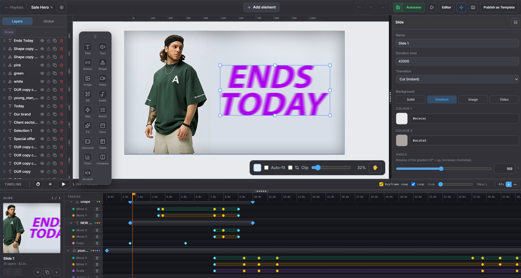 Motion Studio canvas with layers, timeline, and a designed slide
