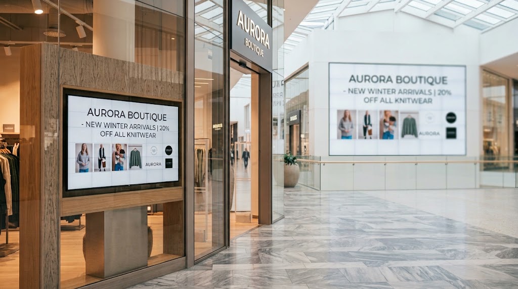 Retail window and mall screens showing a winter arrivals campaign